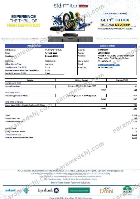 Pakistan StormFiber utility bill template in Word and PDF formats